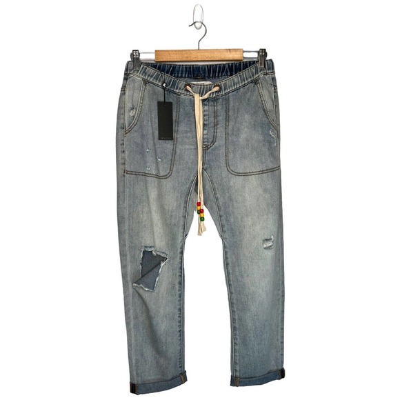 New One Teaspoon Shabbies Drawstring Boyfriend Destroyed Cuffed Montana Blue XS - Picture 2 of 16